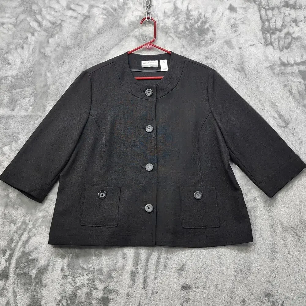 Vintage Alfred Dunner Jacket Women 18P PETITE Black Collarless 3/4 Sleeve Casual
